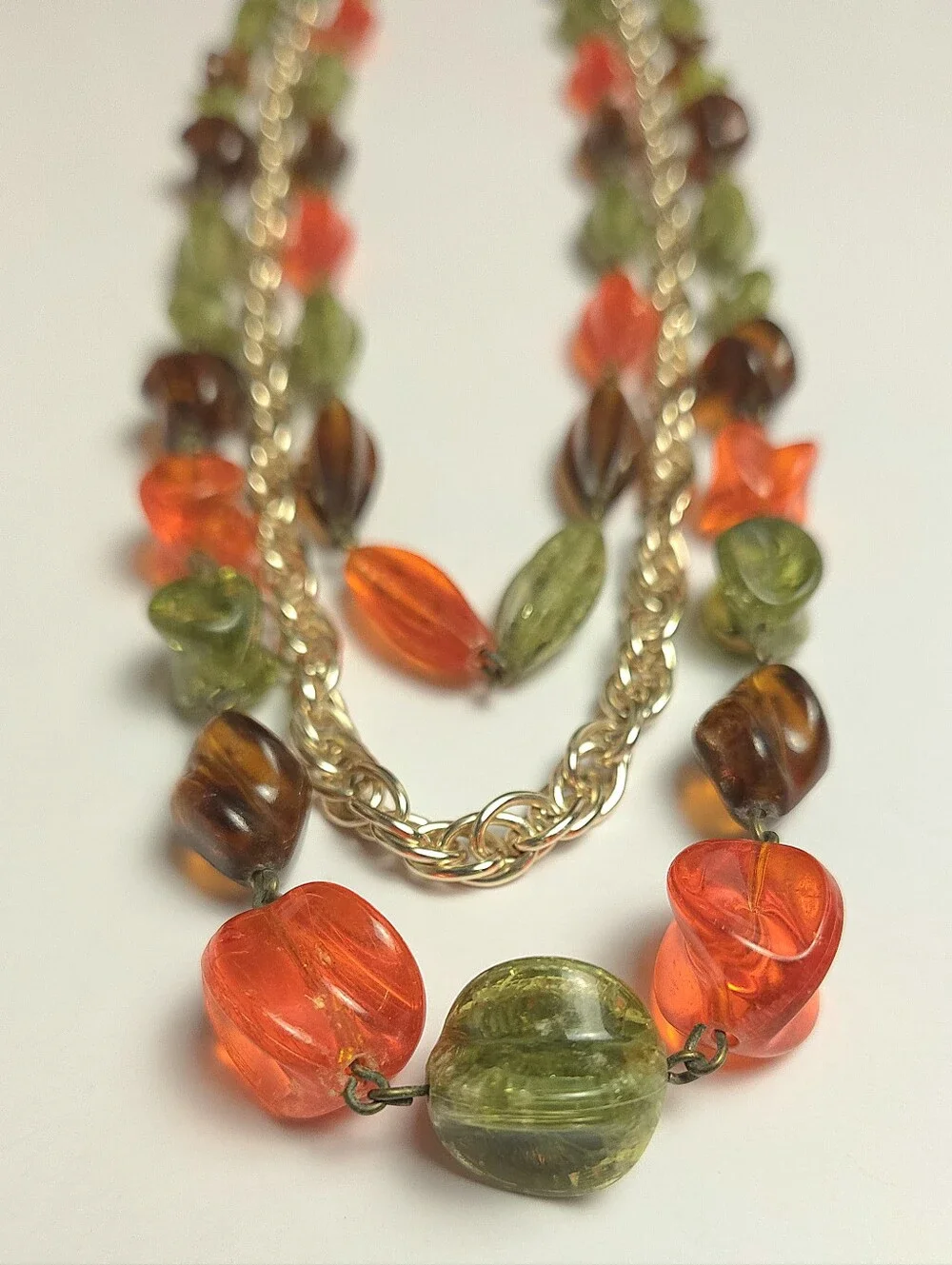 Vintage Orange Green & Brown Acrylic Beaded Multi Strand Necklace 1950s Germany